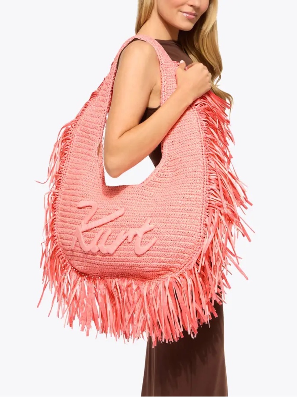 Kurt Geiger Coral Pink Crochet Fringe Hobo Bag